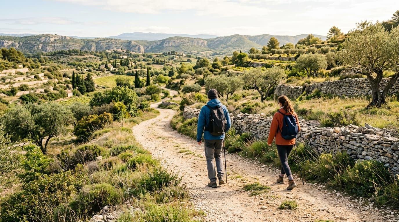 Two people hiking on a wide sunny trail in the French countryside, Provence hills in the background with dry stone walls and olive trees, late morning golden light, casual outdoor clothing, walking si