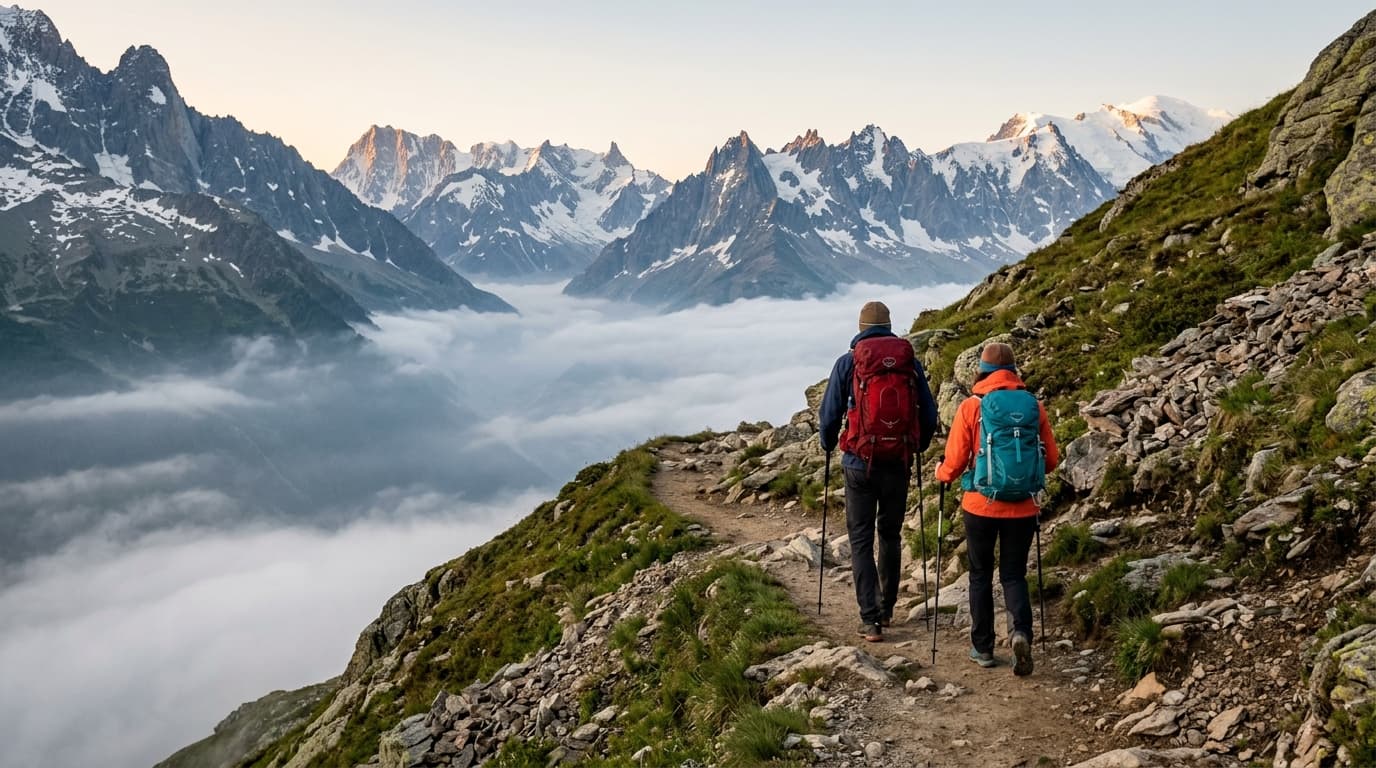 Two people hiking together on a narrow mountain trail in the French Alps, early morning light, mist in the valley below, wearing practical hiking gear with backpacks, shot from behind at a distance, n