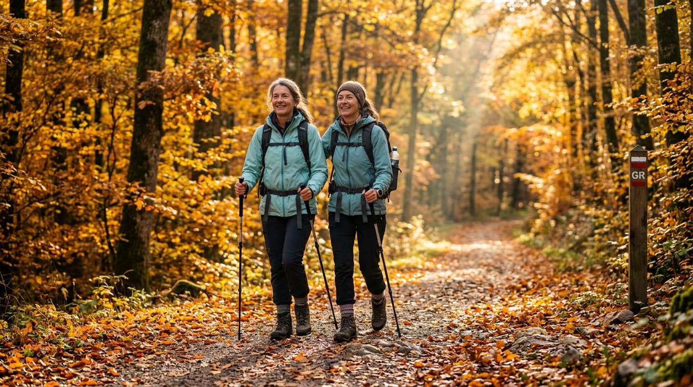 A woman in her early fifties hiking alone on a well-marked trail through a golden autumn forest in France, wearing a light teal jacket and a small backpack, soft morning light streaming through the tr