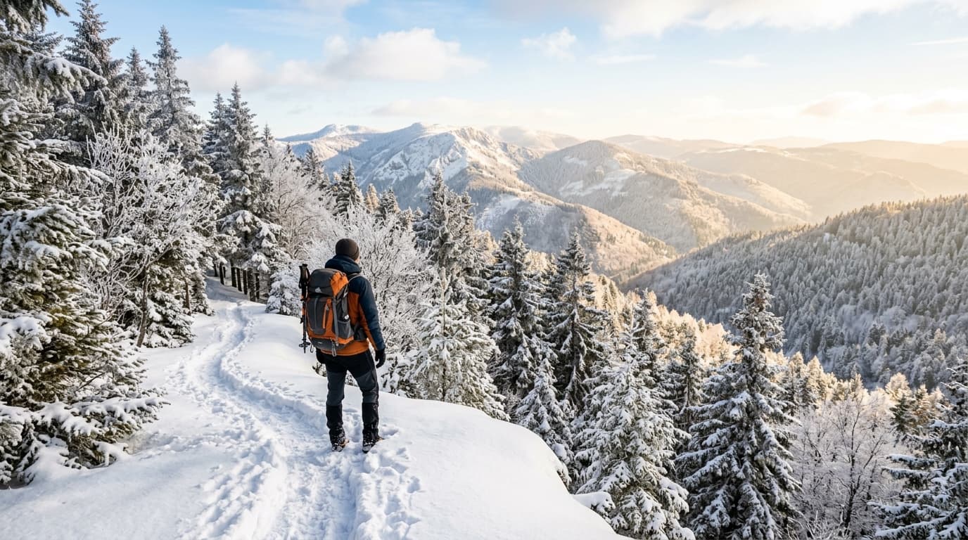 A solo hiker with a winter backpack standing at the edge of a snow-covered trail in a French mountain forest, Vosges or Massif Central, late morning golden light, frost on pine branches, realistic out