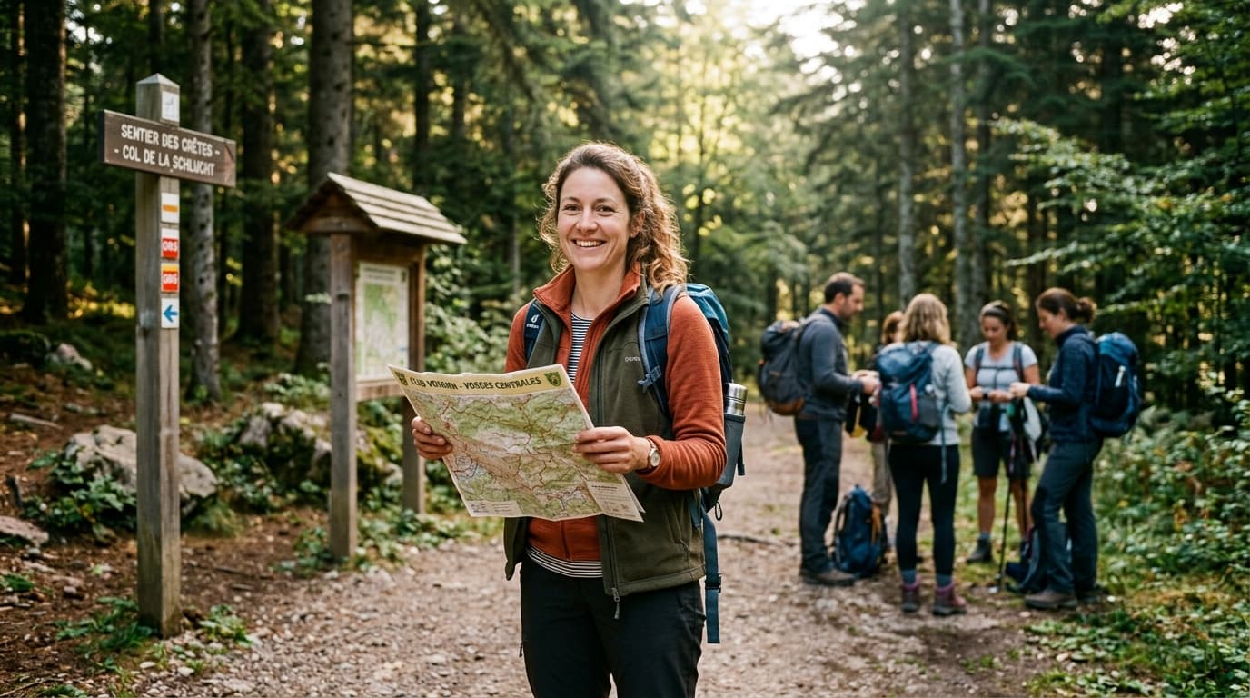 A smiling woman in her late thirties standing at a trailhead in the French Vosges mountains, holding a paper map, a small group of adults gathering behind her with backpacks, early morning soft light