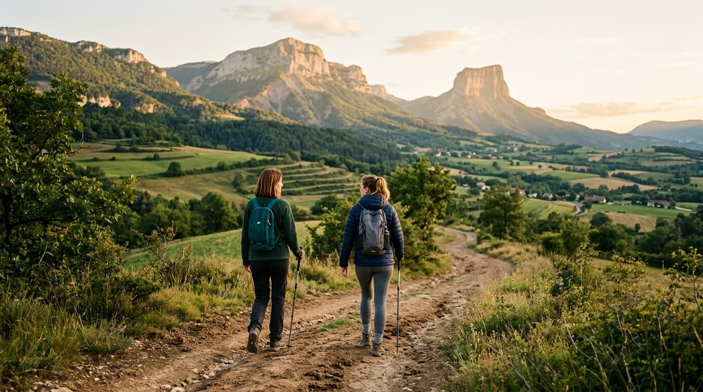 Deux randonneurs marchant côte à côte sur un large sentier, lumière dorée