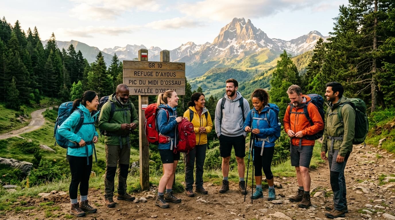 A diverse group of single hikers in their 30s and 50s at the start of a mountain trail in the French Pyrenees, gathered around a trail sign, smiling and adjusting their backpacks, golden morning light
