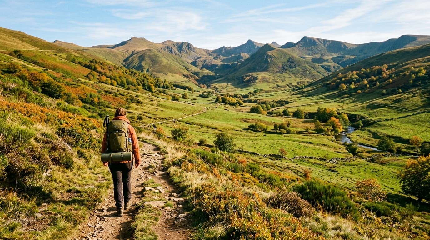A lone hiker with a backpack walking on a scenic trail through a green valley in the French Massif Central on a sunny autumn day, warm afternoon light, realistic documentary photography style, no text