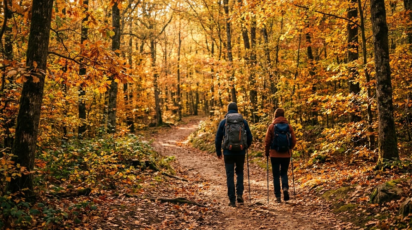 Two hikers with backpacks walking on a trail through a French forest in autumn, dappled sunlight through the trees, realistic candid photography, warm golden tones, no faces clearly visible, no text o