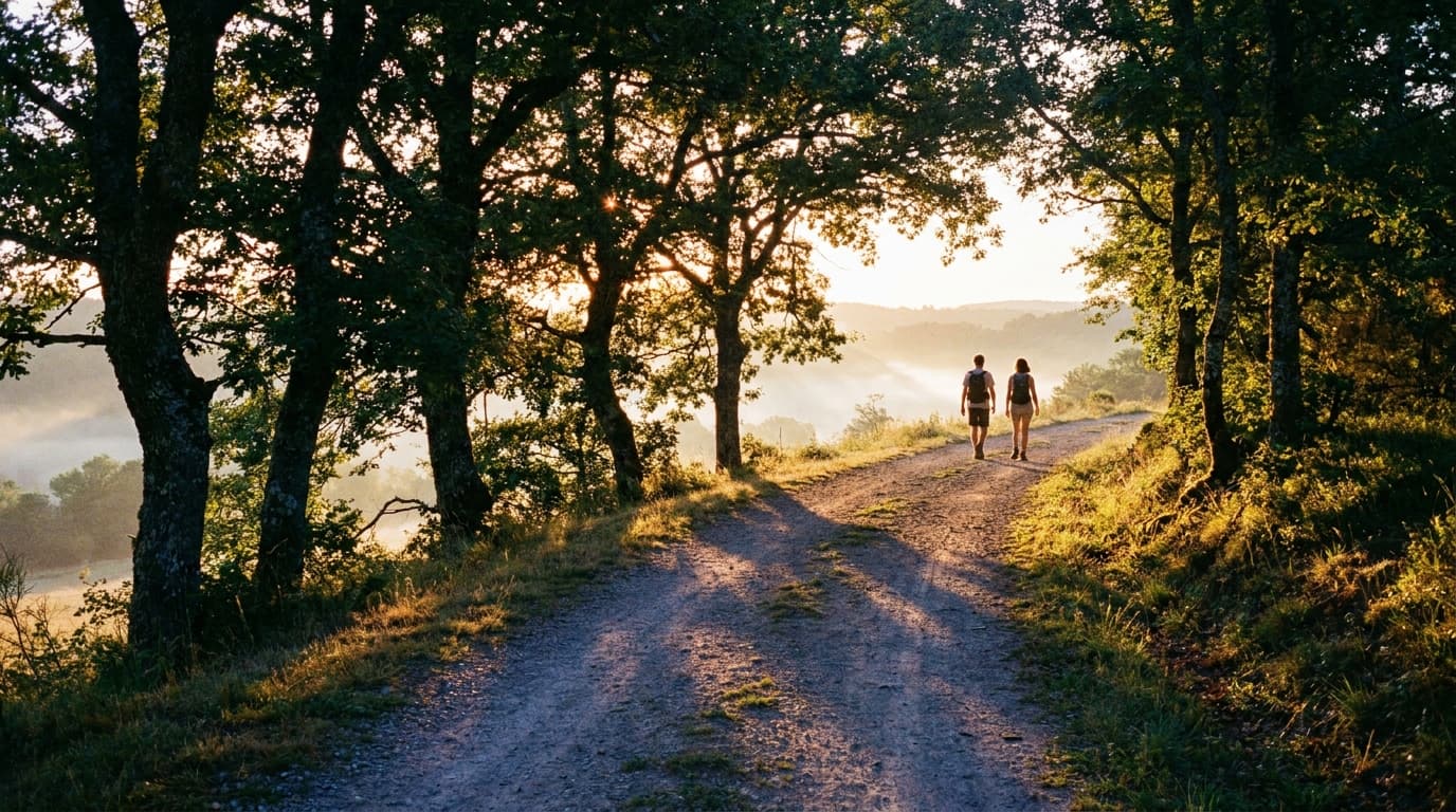 Deux randonneurs de dos sur un sentier ombragé du Massif Central, tôt le matin en été