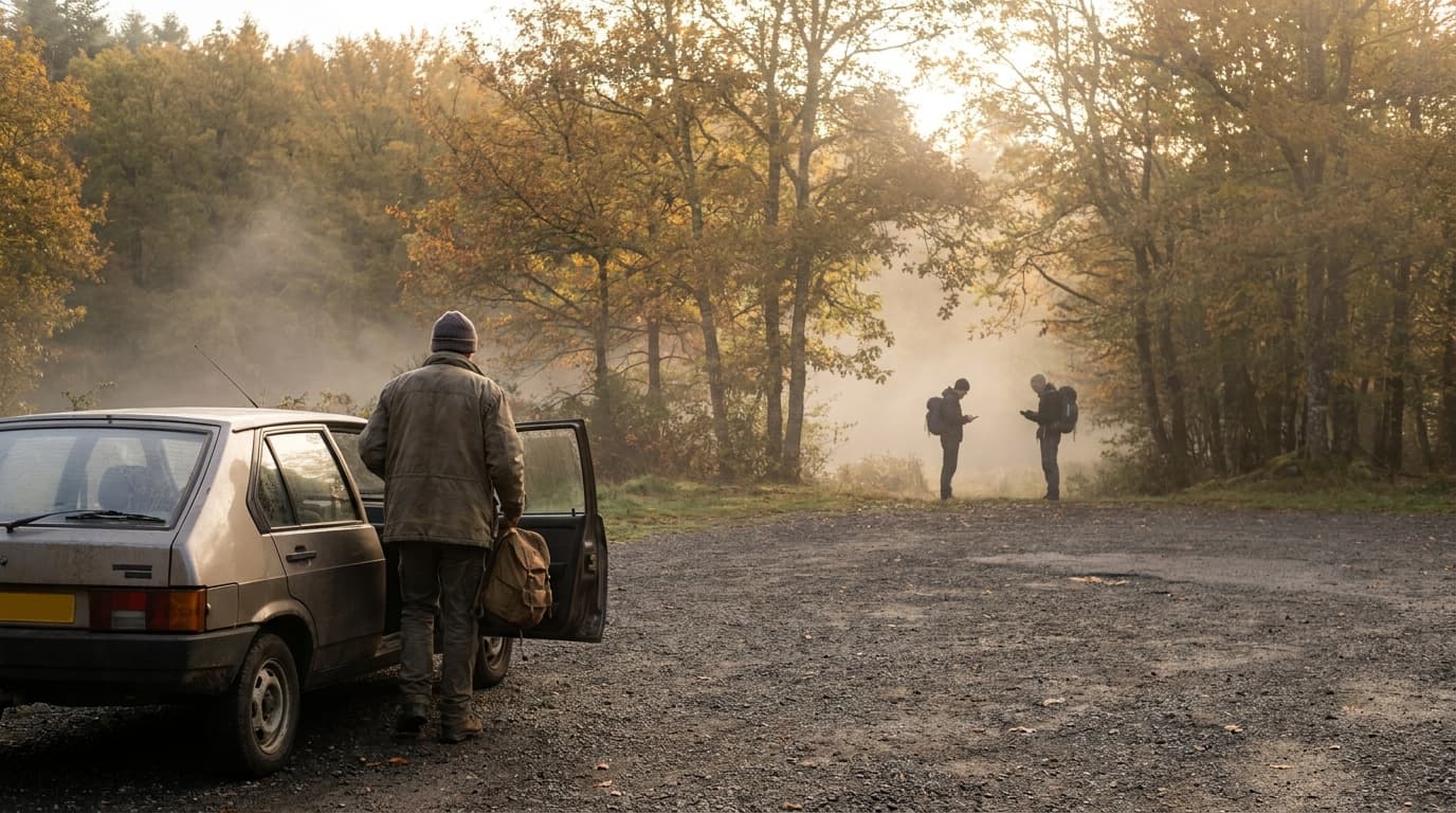 Parking de départ d'un sentier en automne, silhouettes de randonneurs qui arrivent seuls