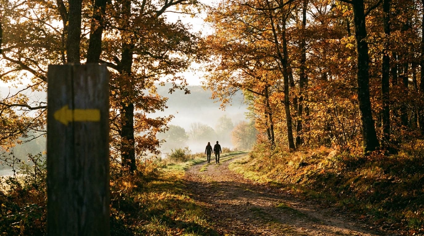 Deux silhouettes marchent côte à côte sur un sentier balisé en forêt française à l'automne