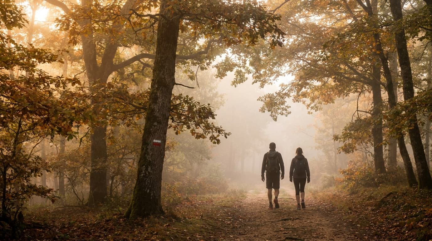 Deux silhouettes sur un sentier boisé du Massif Central en automne doré