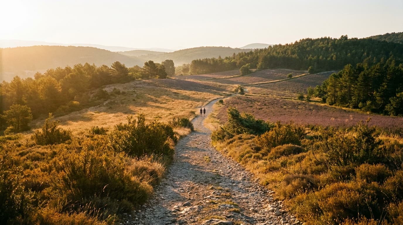Sentier balisé du Luberon au petit matin, deux silhouettes au loin sur le chemin