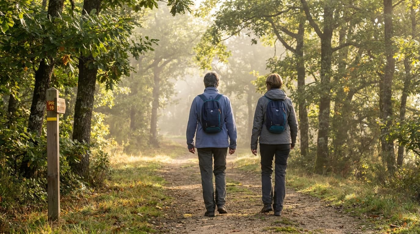 Deux randonneurs de dos sur un sentier balisé du Massif Central, lumière dorée matinale