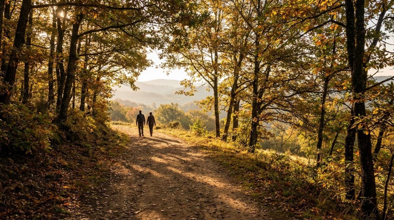 Deux randonneurs de dos sur un sentier forestier d'automne, Massif Central, lumière dorée du matin.
