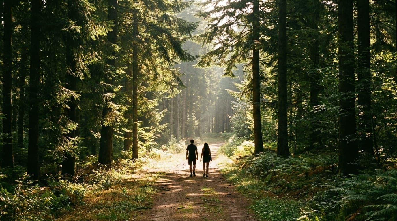 Deux silhouettes marchant côte à côte sur un sentier forestier des Vosges par un matin d'été ensoleillé.