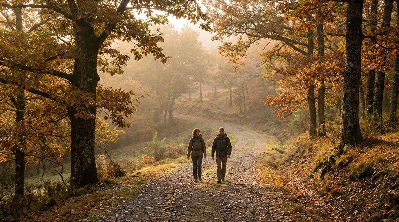 Deux randonneurs de dos sur un sentier forestier automnal en Massif Central, lumière dorée matinale