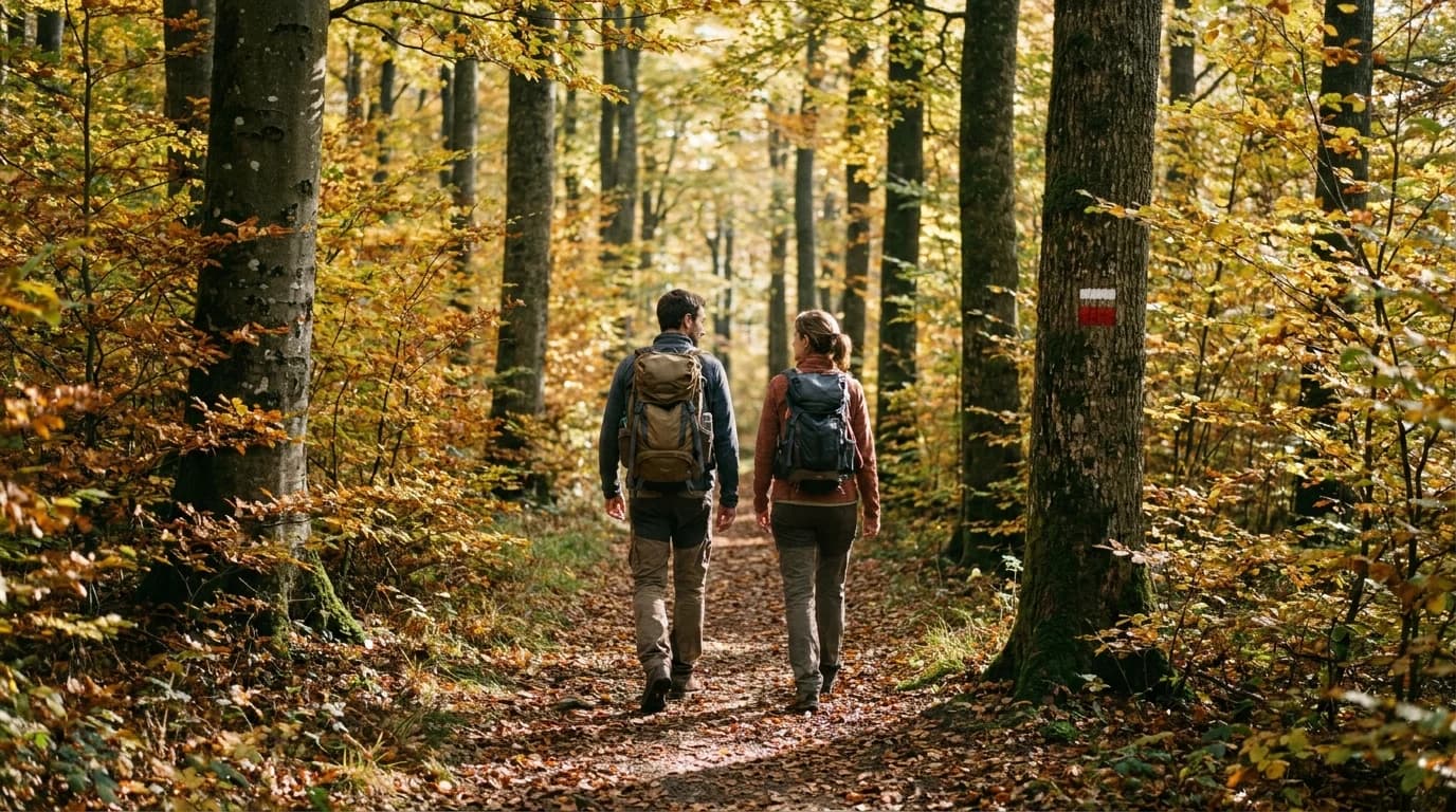 Deux randonneurs de dos sur un sentier automnal dans les Vosges, lumière matinale dorée