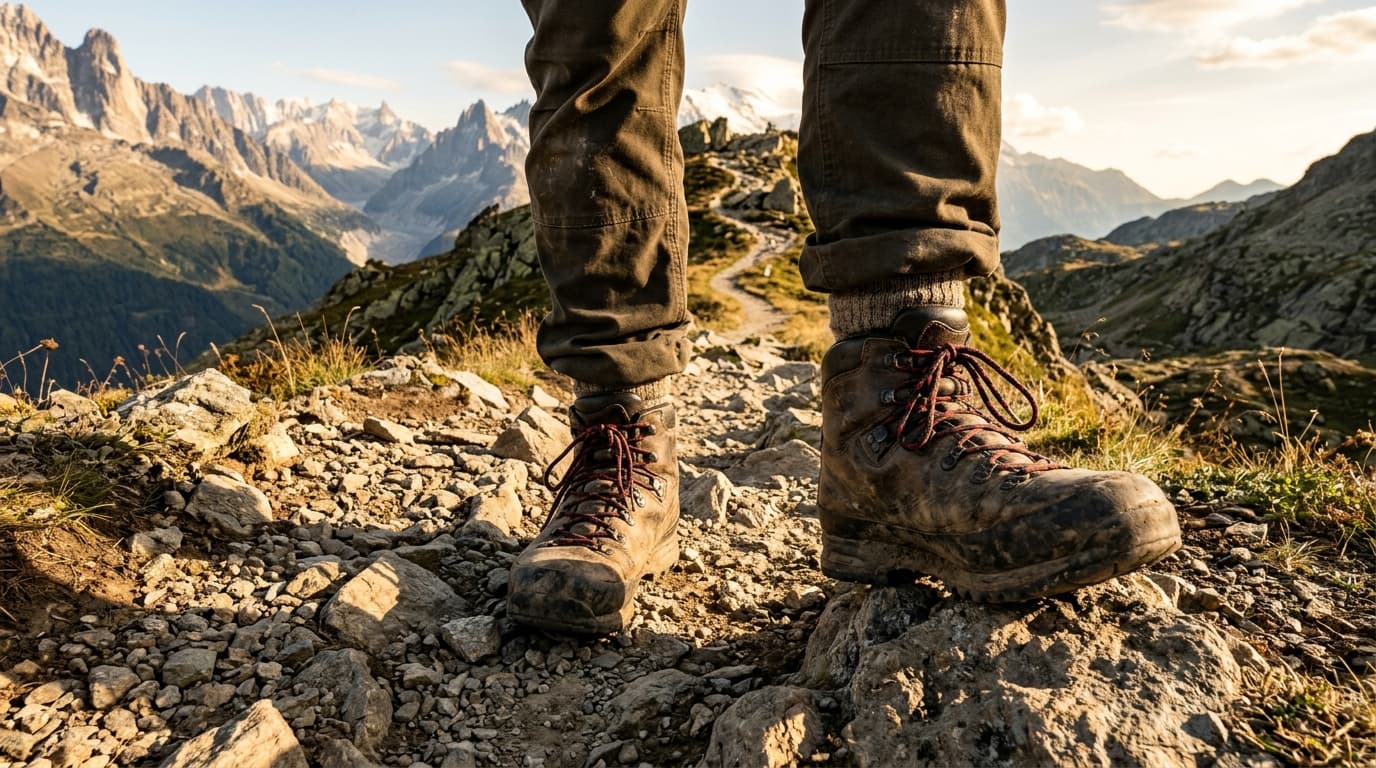 A man's well-worn hiking shoes on a rocky mountain trail in the French Alps, golden morning light casting long shadows, realistic photo style, no faces visible, earthy and warm tones, authentic outdoo