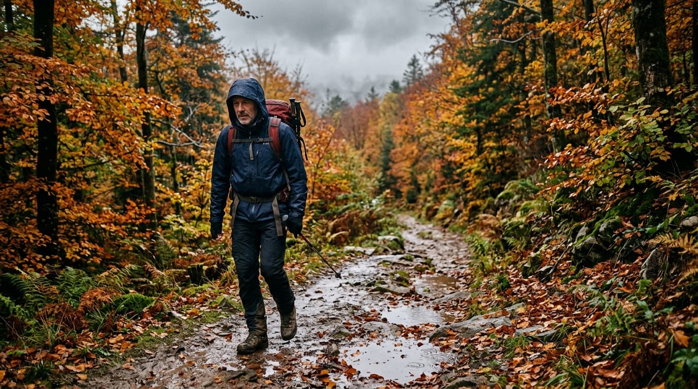 A hiker in their early 50s walking alone on a wet forest trail in the Vosges mountains, France, wearing a hooded rain jacket, heavy overcast sky, autumn foliage in amber and orange, puddles on the pat