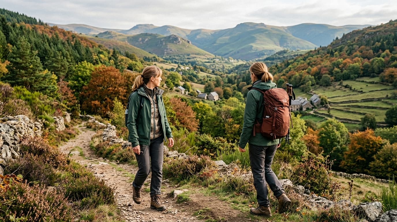 A woman in her early 50s hiking on a well-marked trail in the French Massif Central, wearing proper hiking boots, walking through a green valley under soft morning light, autumn colors, realistic phot