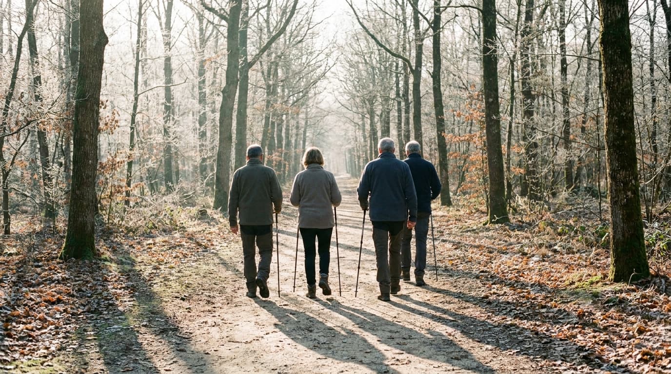 Groupe de seniors en randonnée hivernale sur un sentier forestier français