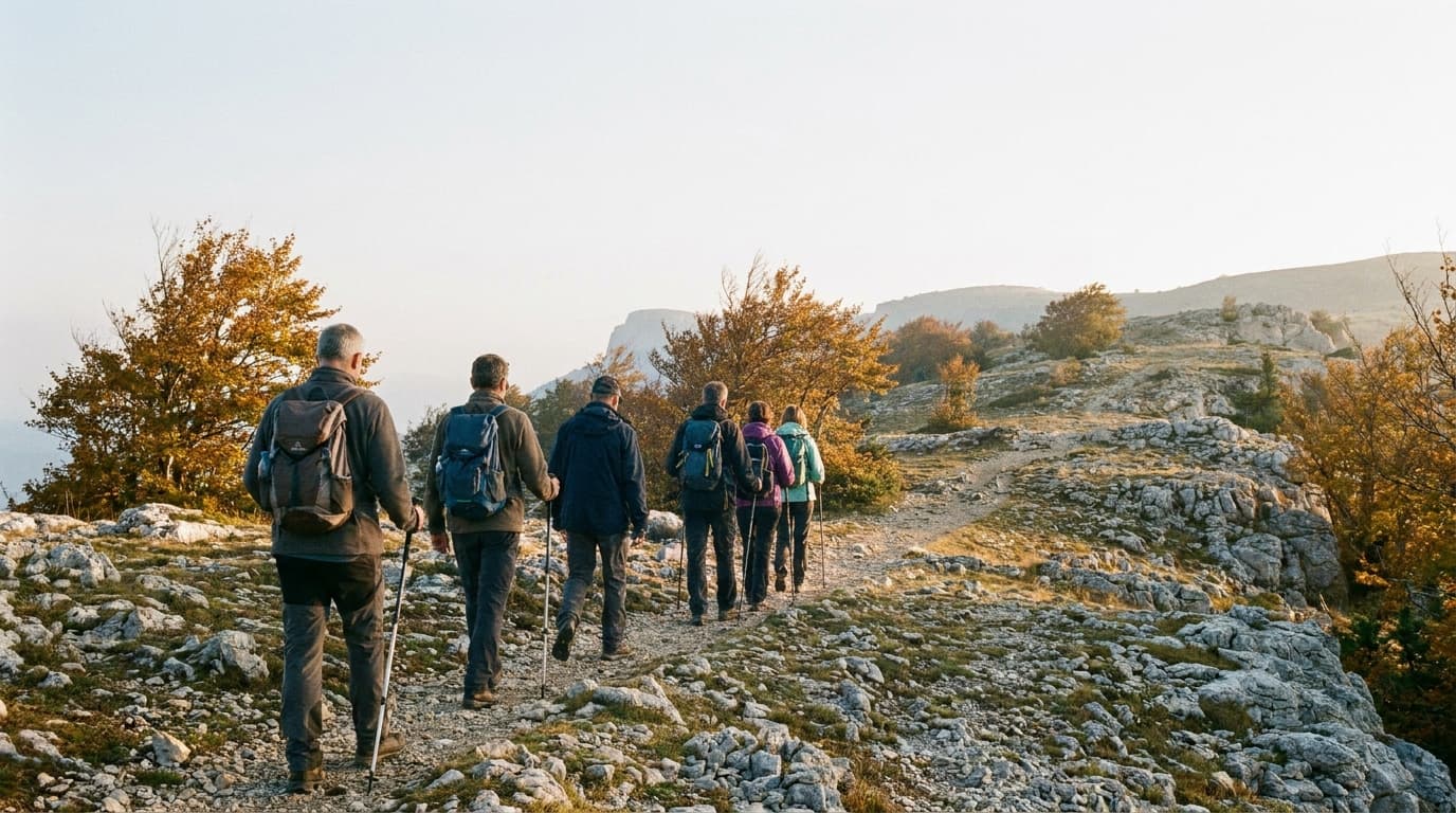 Groupe de randonneurs célibataires sur un sentier du Vercors en automne, vus de dos