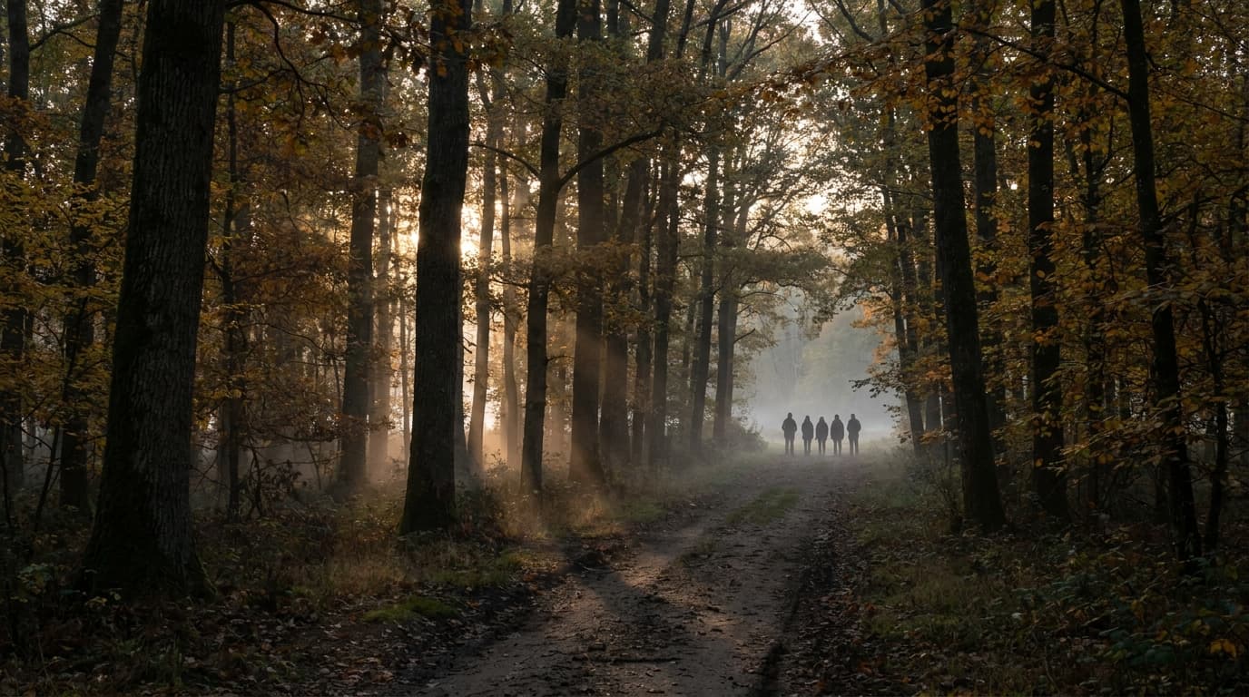 Groupe de silhouettes immobiles en lisière de forêt française à la tombée de la nuit, automne.