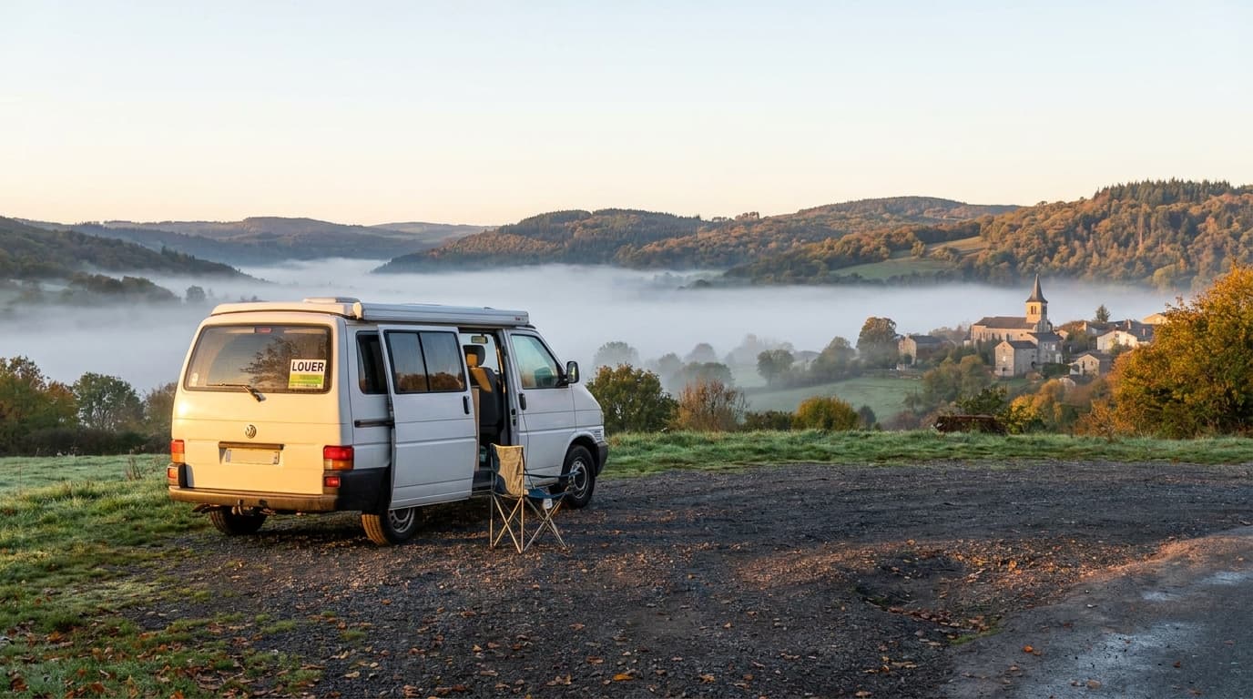 Camping-car solo garé sur une aire calme en Massif Central, matin d'automne brumeux