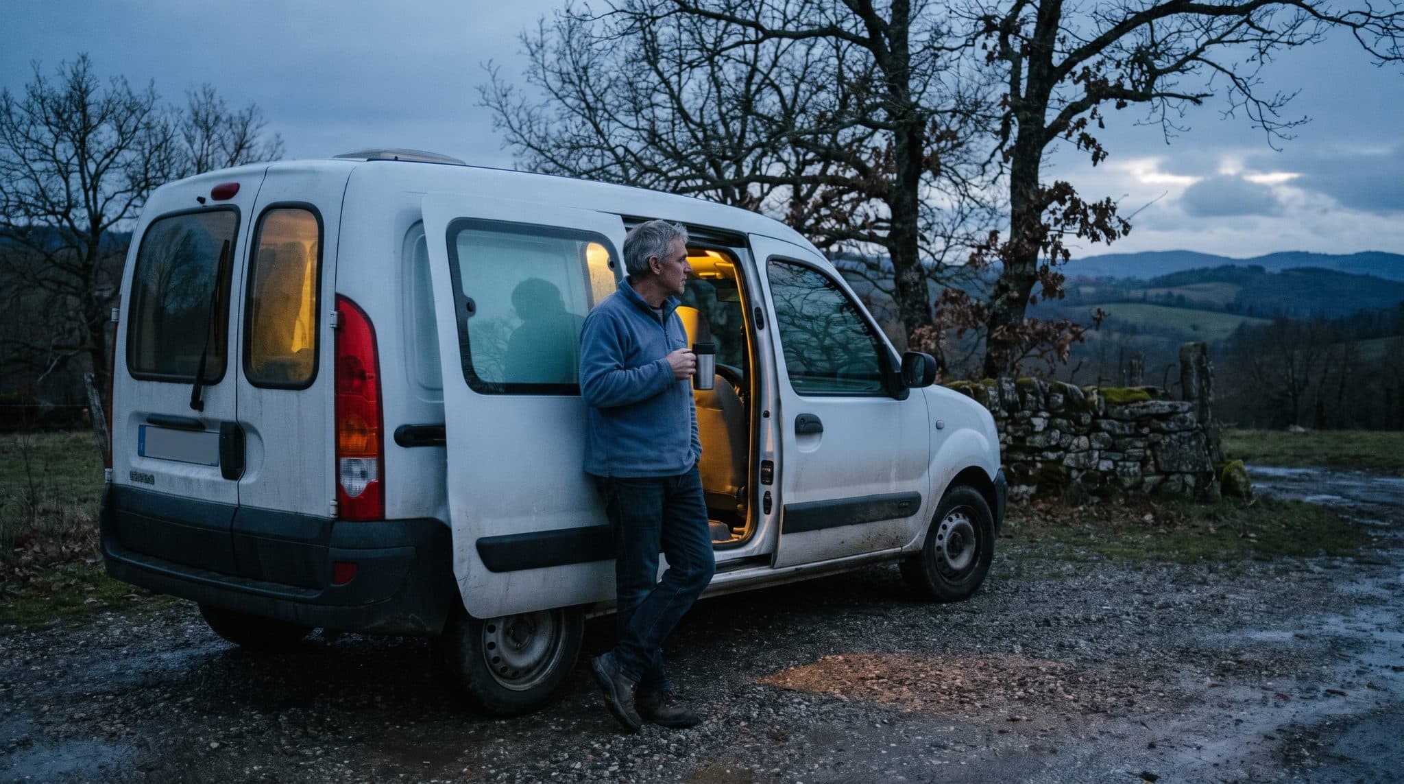 Camping-car garé en lisière de village français, un homme devant la porte ouverte au crépuscule d'automne