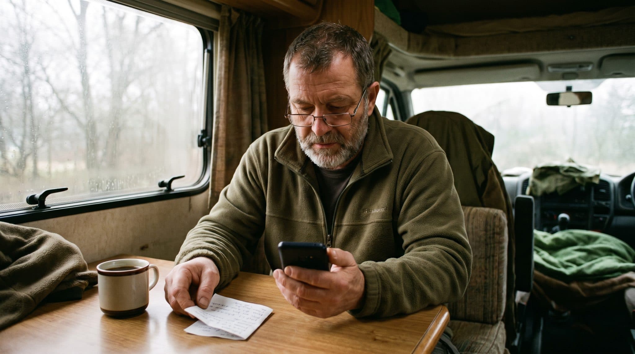 Homme d'une soixantaine d'années écrivant un message dans son camping-car en automne