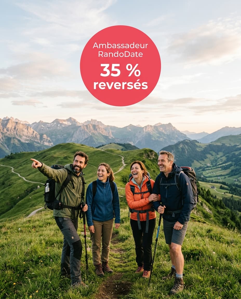 Un groupe de randonneurs au sommet d'une colline, avec la mention « Ambassadeur RandoDate, 35 % reversés » — illustration générée par IA.