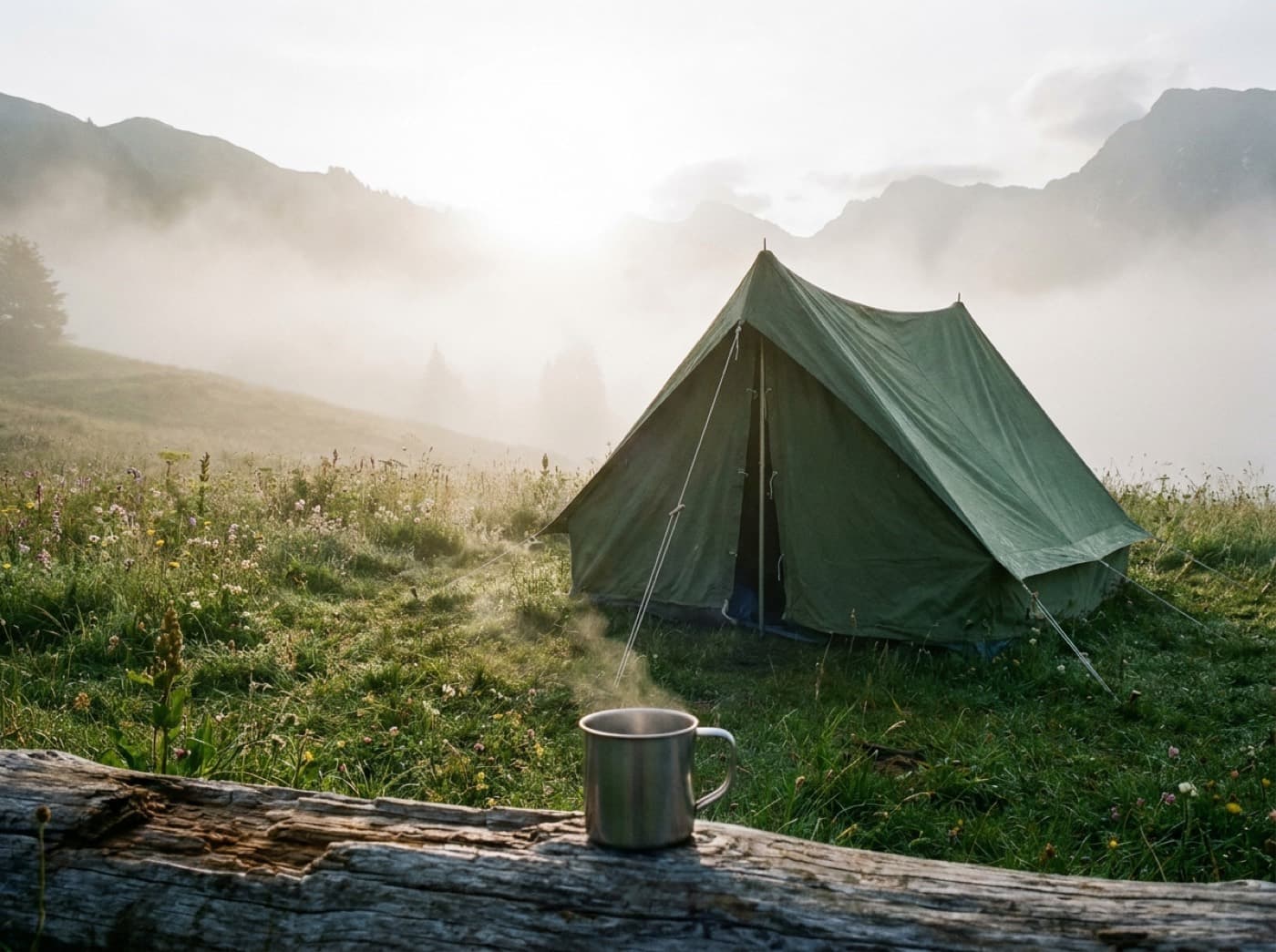 Une tente dans une prairie de montagne embrumée au lever du soleil, tasse fumante posée sur un tronc