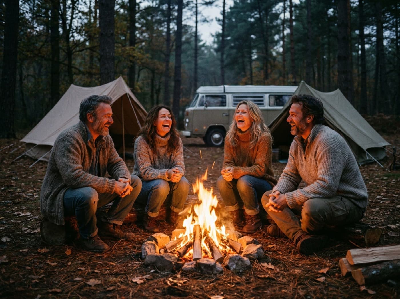 Un groupe d'adultes rit autour d'un feu de camp au crépuscule, tentes et van en arrière-plan