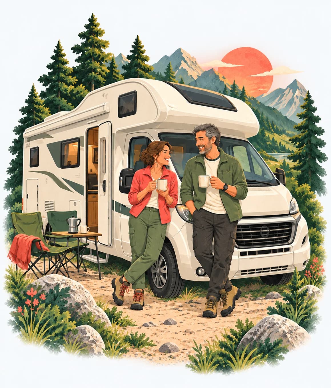 Illustration de deux voyageurs qui font connaissance autour d’un café devant leur camping-car, en pleine nature