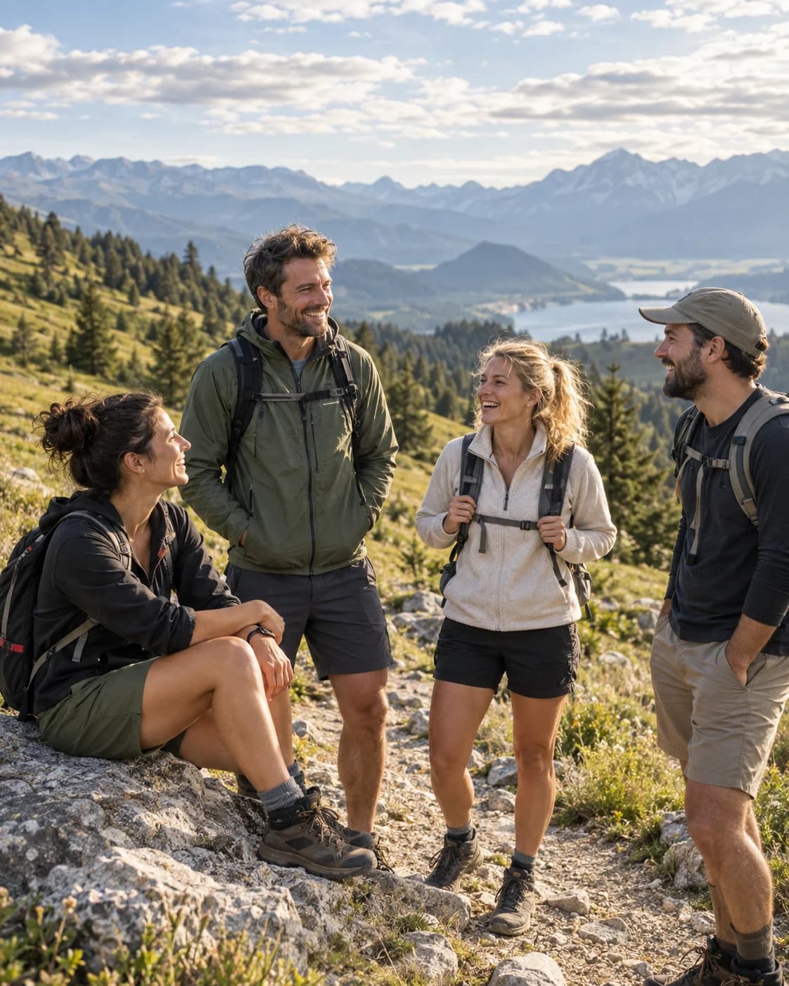 Quatre adultes partagent une pause conviviale en montagne — illustration générée par IA.