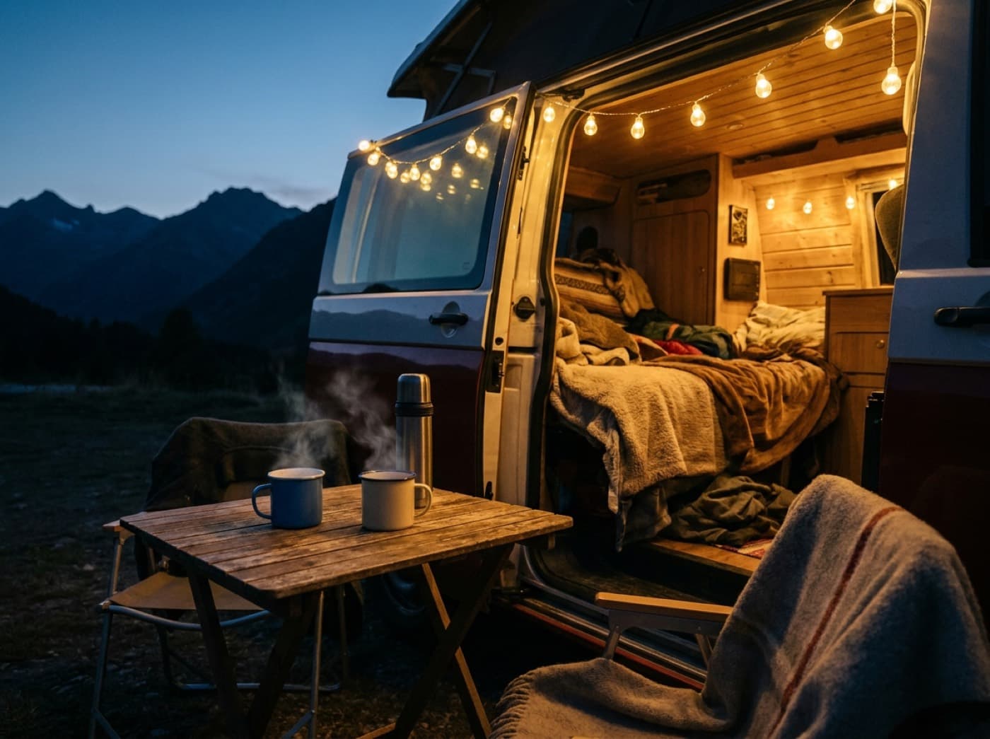 Un van aménagé ouvert au crépuscule, guirlande lumineuse et cafés fumants sur la table de camping