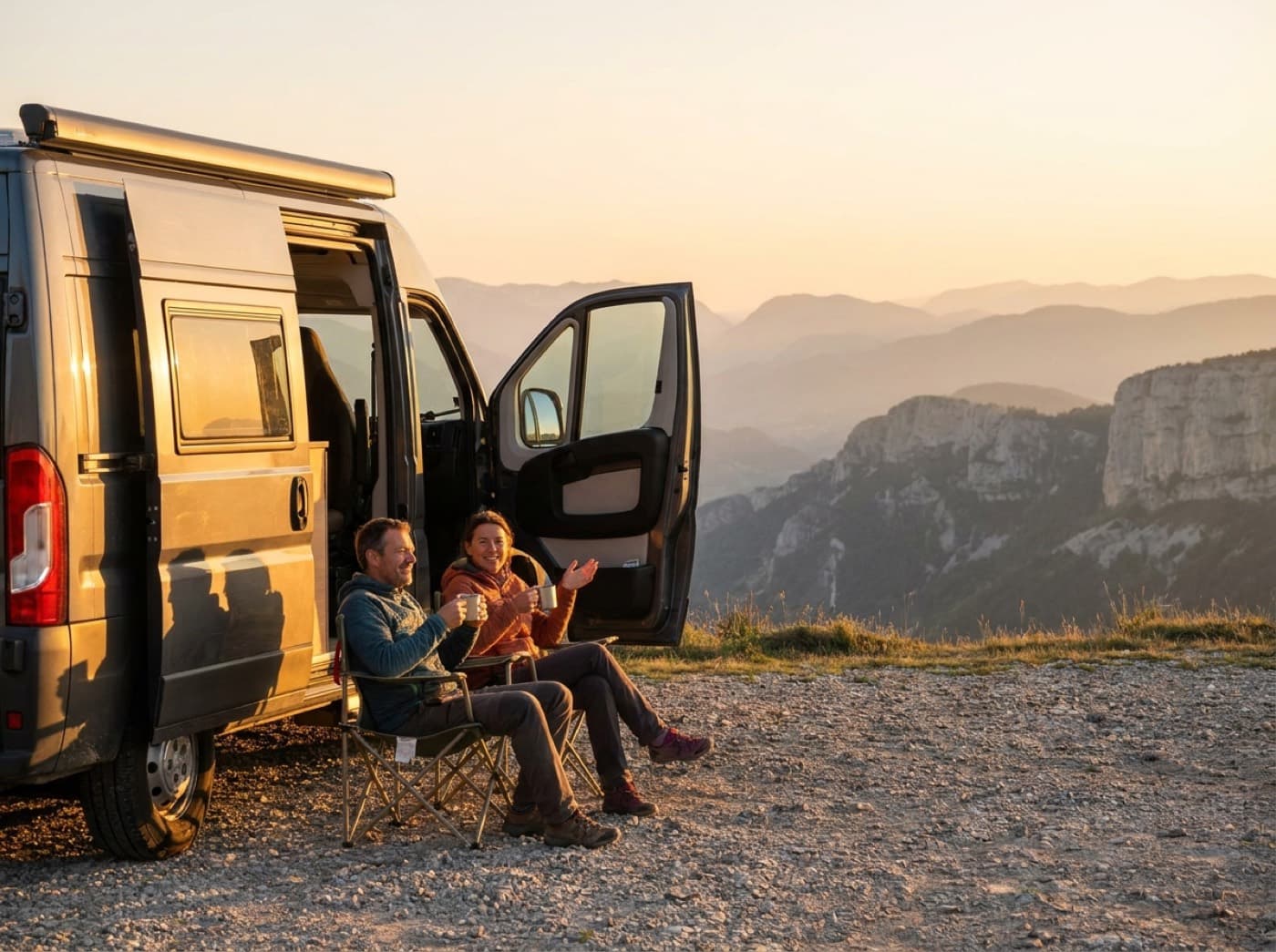 Deux personnes prennent un café au coucher du soleil devant leur van aménagé, face aux montagnes du Vercors