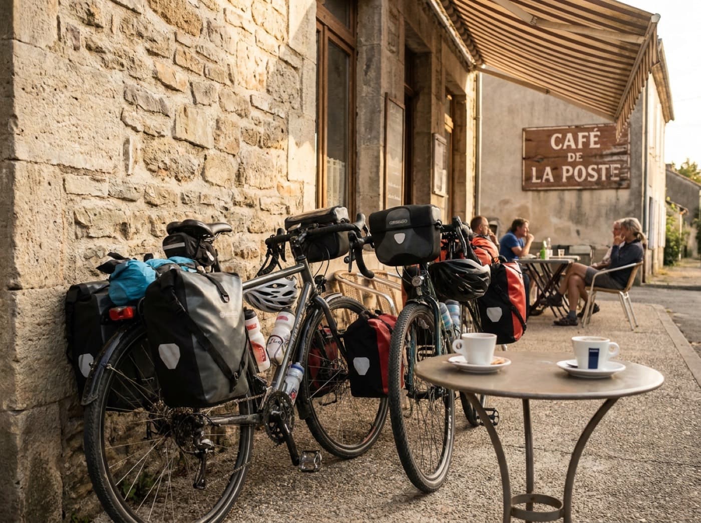 Deux vélos de voyage devant un café de village français, casques sur les guidons