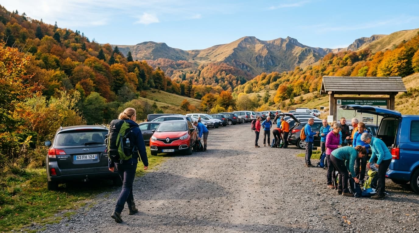 A lone hiker with a backpack arriving at a trailhead parking in the French Massif Central on a bright Saturday morning, other hikers in the background preparing their gear, autumn colors, natural cand