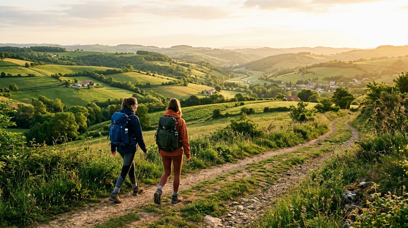 Two hikers walking side by side on a scenic trail in the French countryside, early morning golden light, lush green hills in the background, authentic and natural atmosphere, realistic photography sty