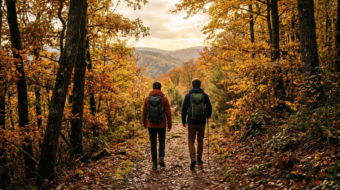 Two hikers on a sunny mountain trail in the French Vosges, walking together at a relaxed pace, autumn forest, golden light filtering through trees, backpacks, casual outdoor clothing, authentic candid