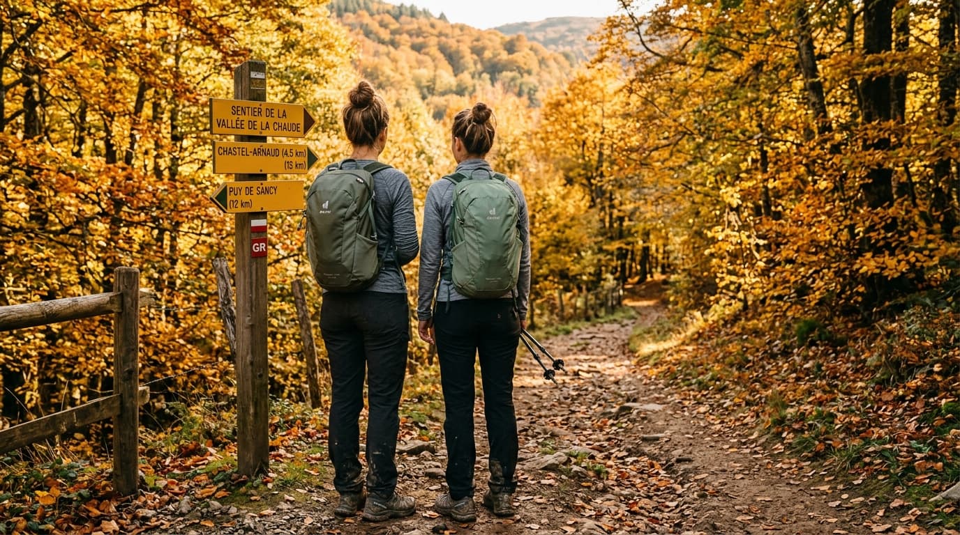A beginner hiker standing at the start of a well-marked trail in the French Massif Central, wearing a light backpack and hiking shoes, surrounded by autumn forest with golden light, realistic photo st