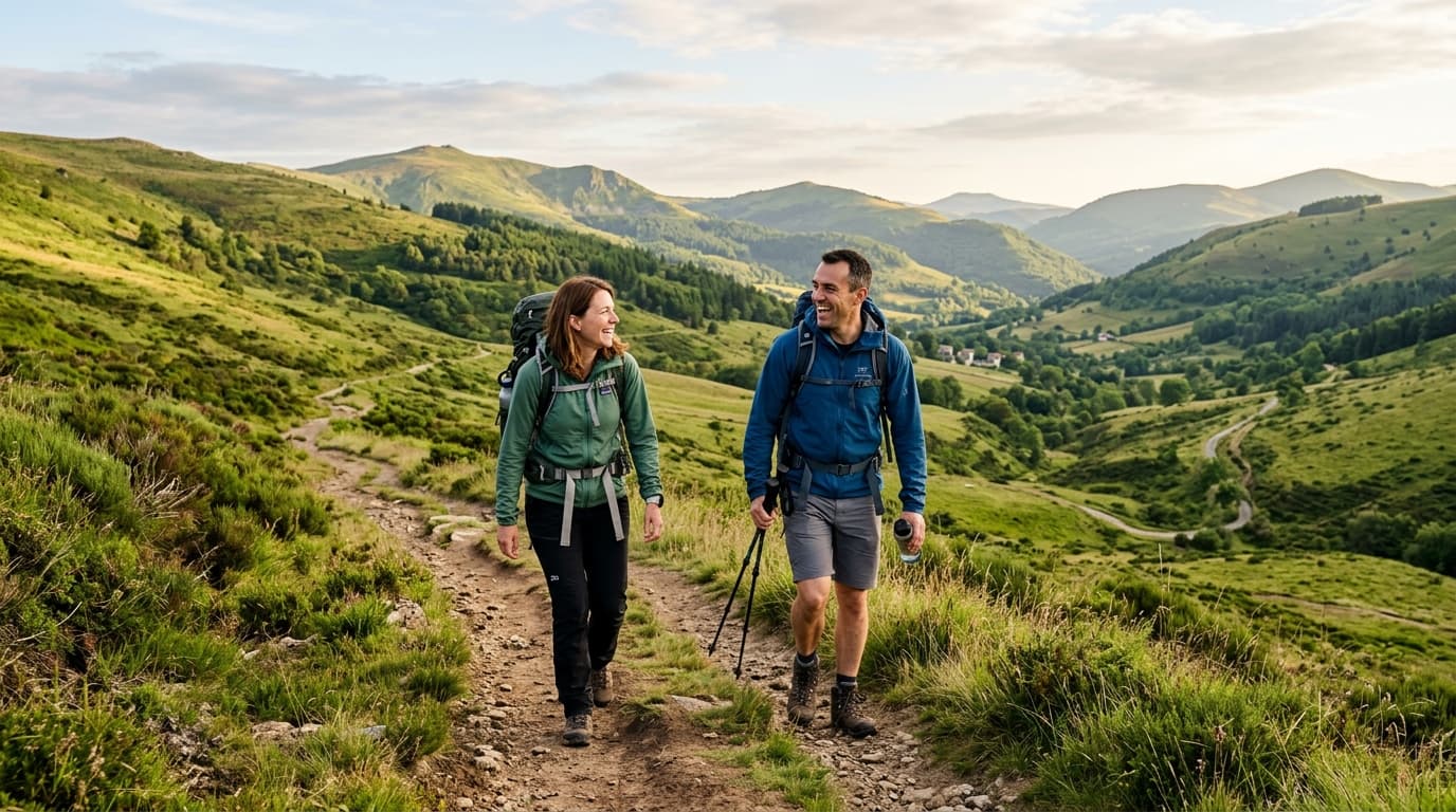 Two hikers in their late 30s walking side by side on a sunlit trail through a green valley in the French Massif Central, wearing backpacks and hiking gear, laughing naturally mid-conversation, golden
