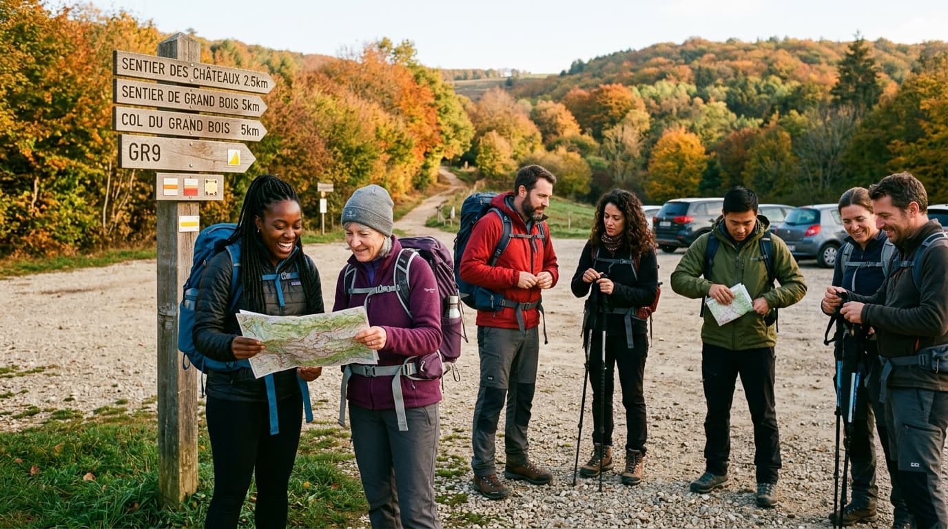 A diverse group of adults in their 30s and 40s gathered at a trailhead in the French countryside on a clear autumn morning, checking maps and adjusting backpacks before a hike. Warm golden light, colo