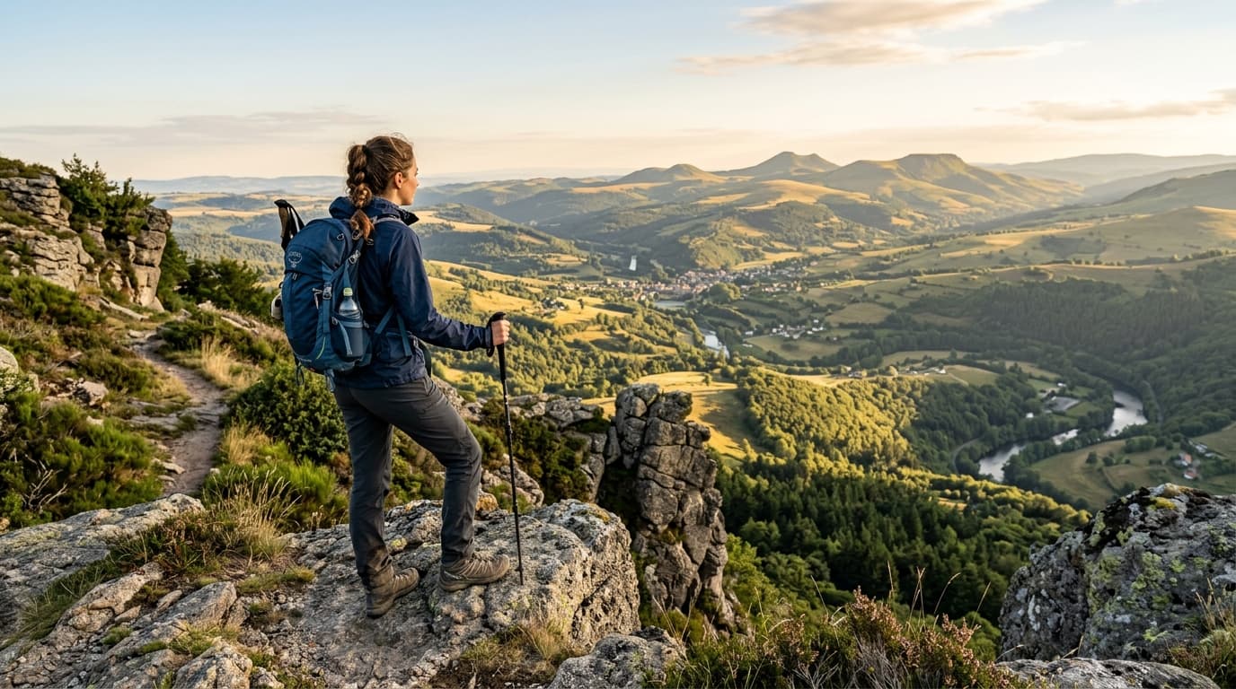 A solo woman hiker standing on a rocky viewpoint in the French Massif Central, looking at a wide valley below, wearing a light backpack and hiking boots, golden morning light, no other people visible,