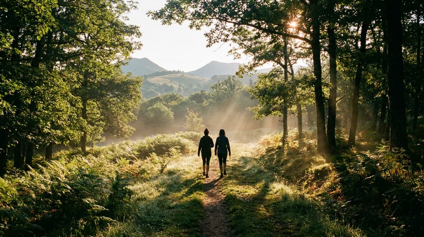 Deux randonneurs de dos sur un sentier ombragé du Massif Central en été, lumière dorée matinale