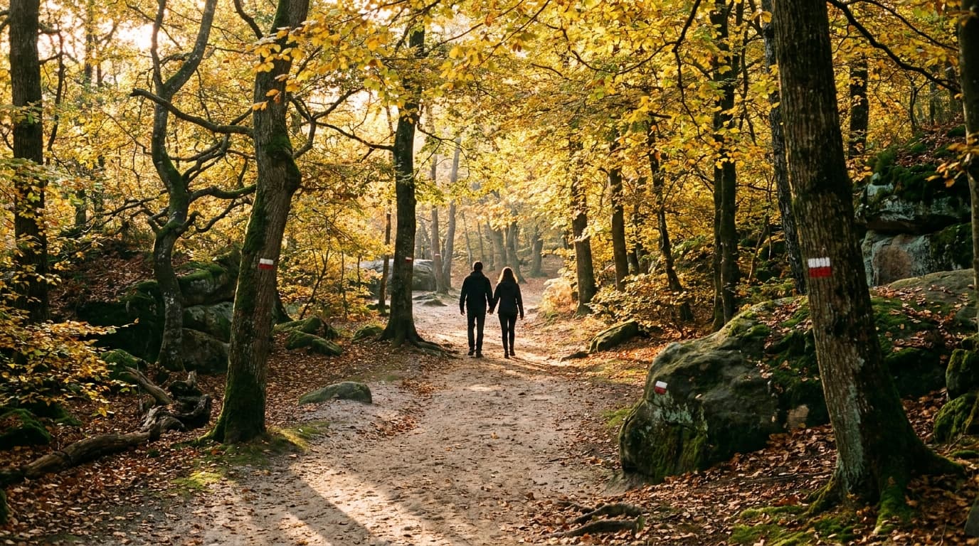 Deux silhouettes sur un sentier balisé en forêt de Fontainebleau en automne
