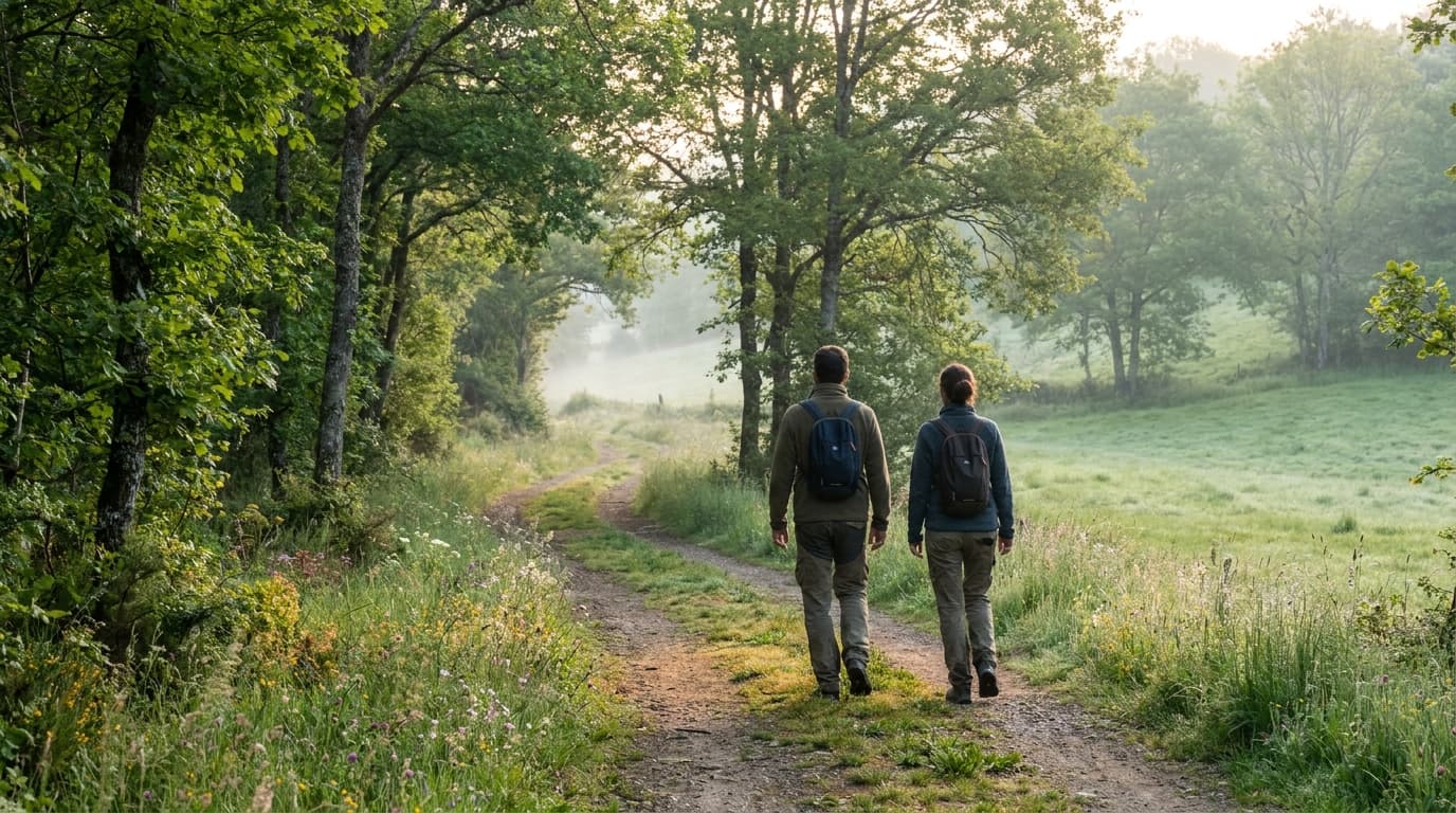 Deux randonneurs de dos sur un sentier du Massif Central au matin