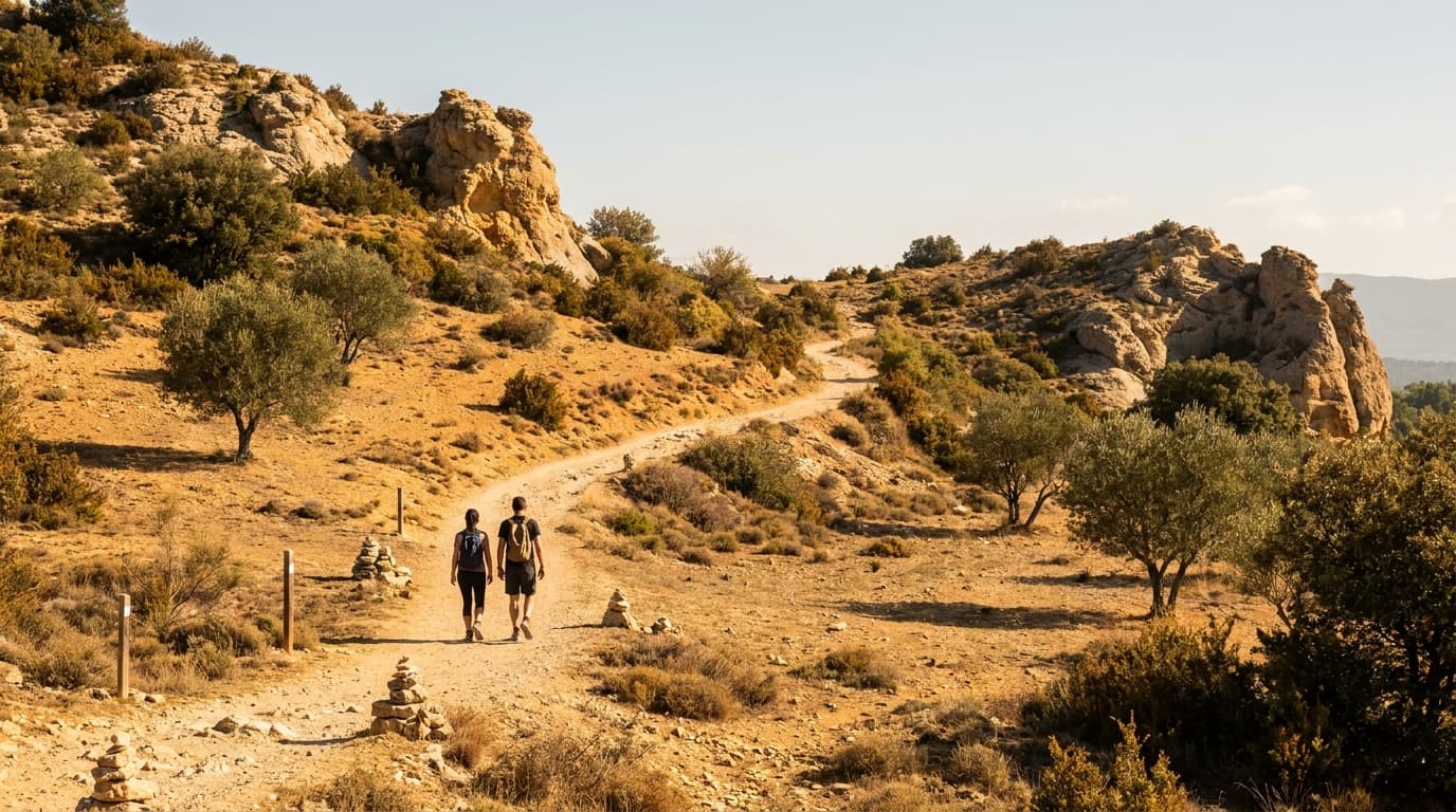 Deux randonneurs de dos sur le sentier des Ocres du Luberon, lumière dorée matinale