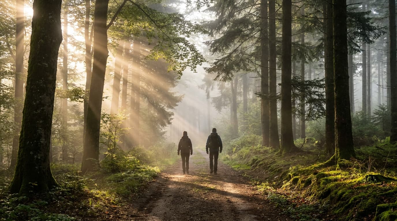 Deux silhouettes sur un sentier forestier boisé dans les Vosges, lumière dorée matinale