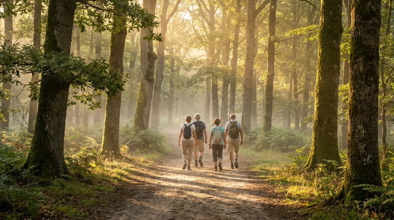 Groupe de randonneurs de dos sur sentier ombragé en forêt de Fontainebleau, tôt le matin en canicule