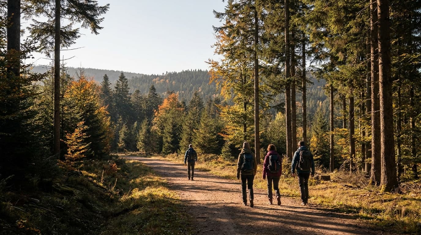 Groupe de randonneurs de dos sur un sentier forestier des Vosges en automne doré